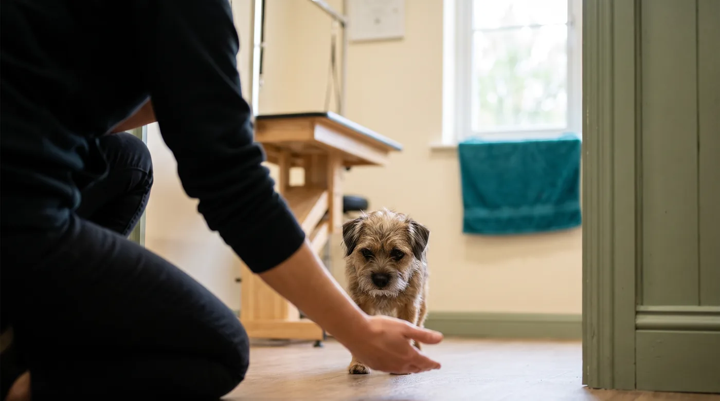 A groomer kneeling at floor level to let a nervous dog approach