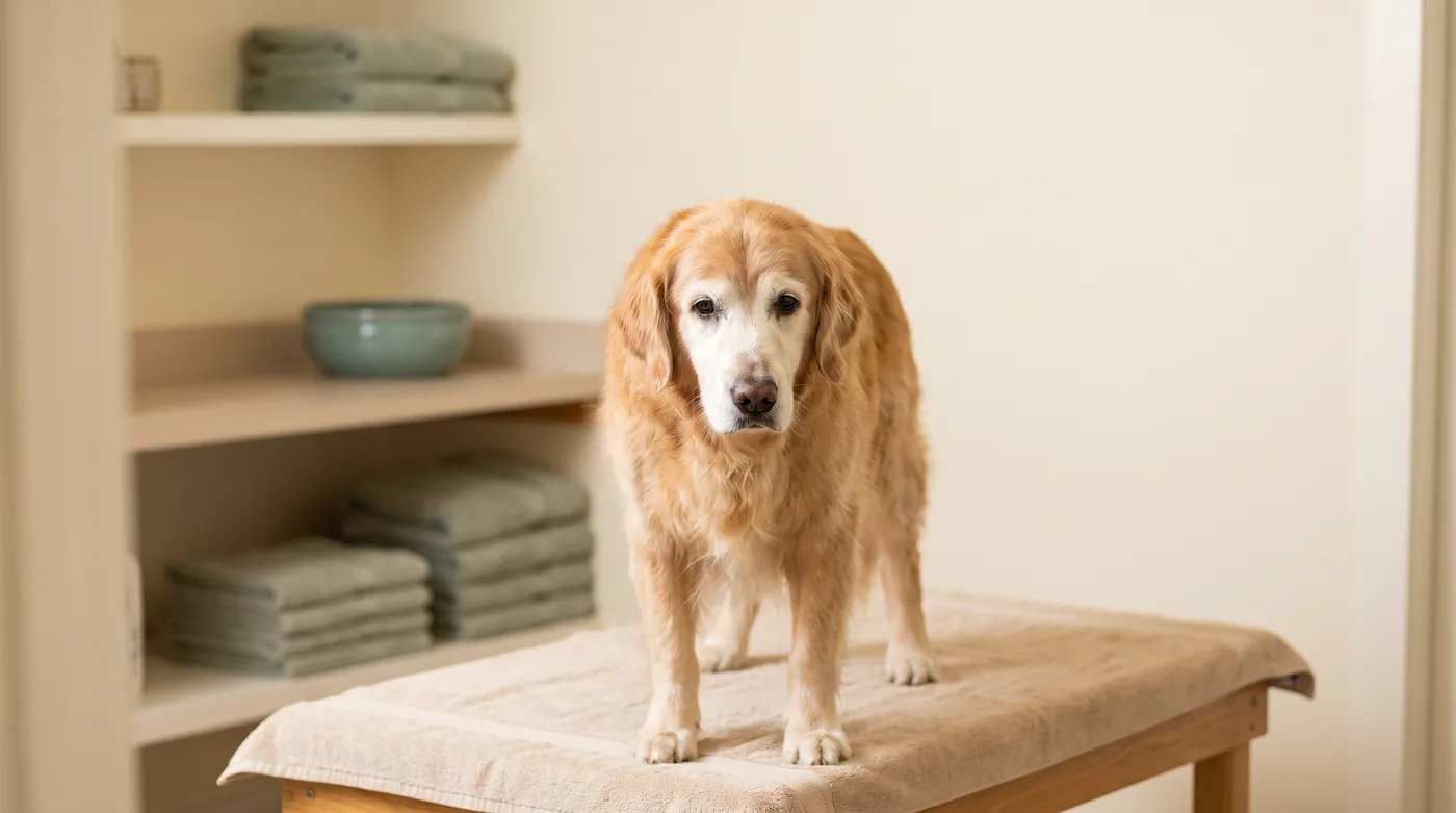 An elderly dog being supported gently on a low grooming table