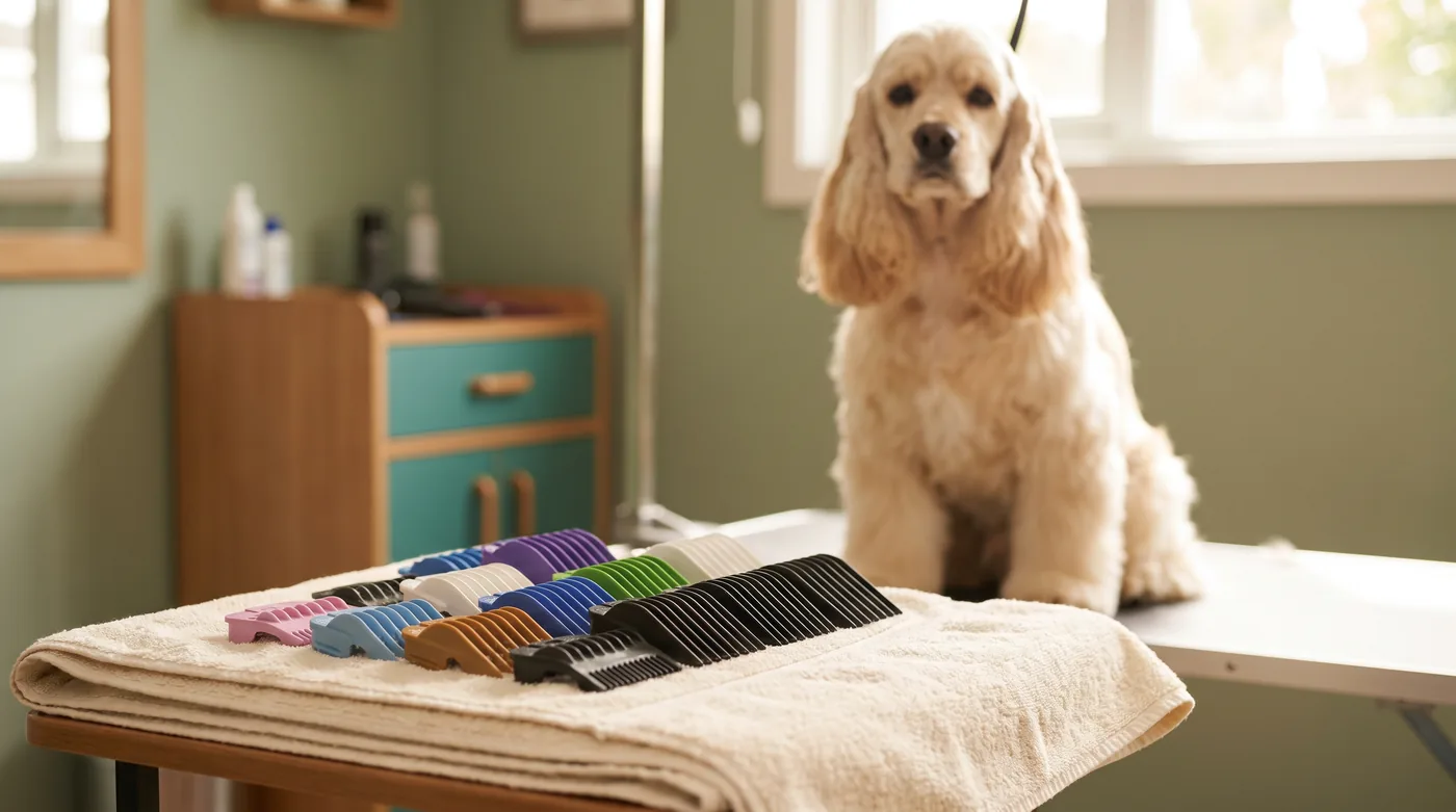Clipper guard combs of different lengths laid out beside a trimmed dog