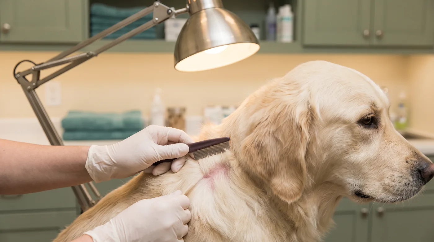 A groomer checking a dog's skin carefully under a lamp