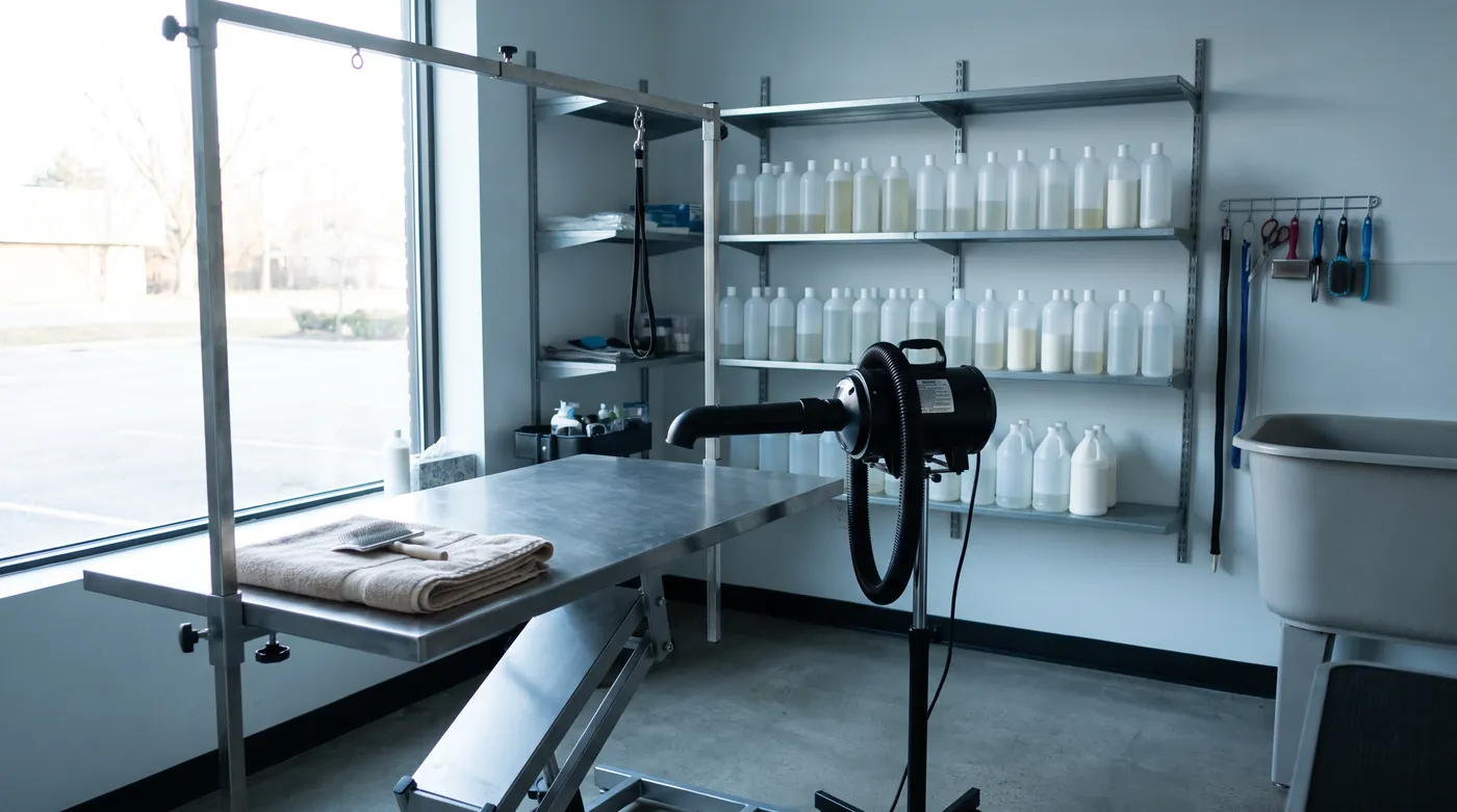 A stainless steel grooming table and dryer in a working salon before opening
