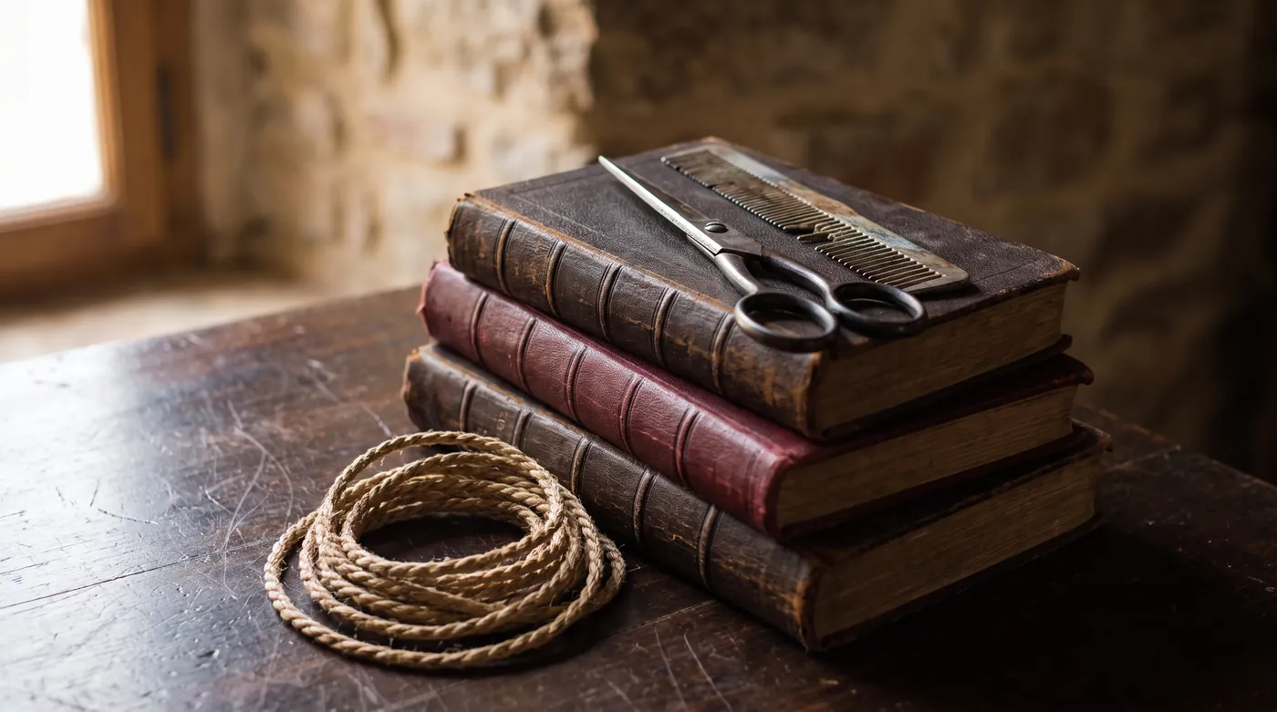 Antique grooming shears and a metal comb resting on old leather bound books