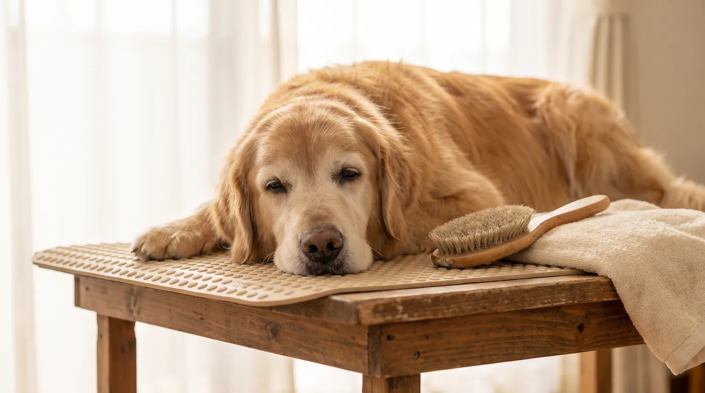 An elderly dog resting on a non-slip mat on a low grooming table