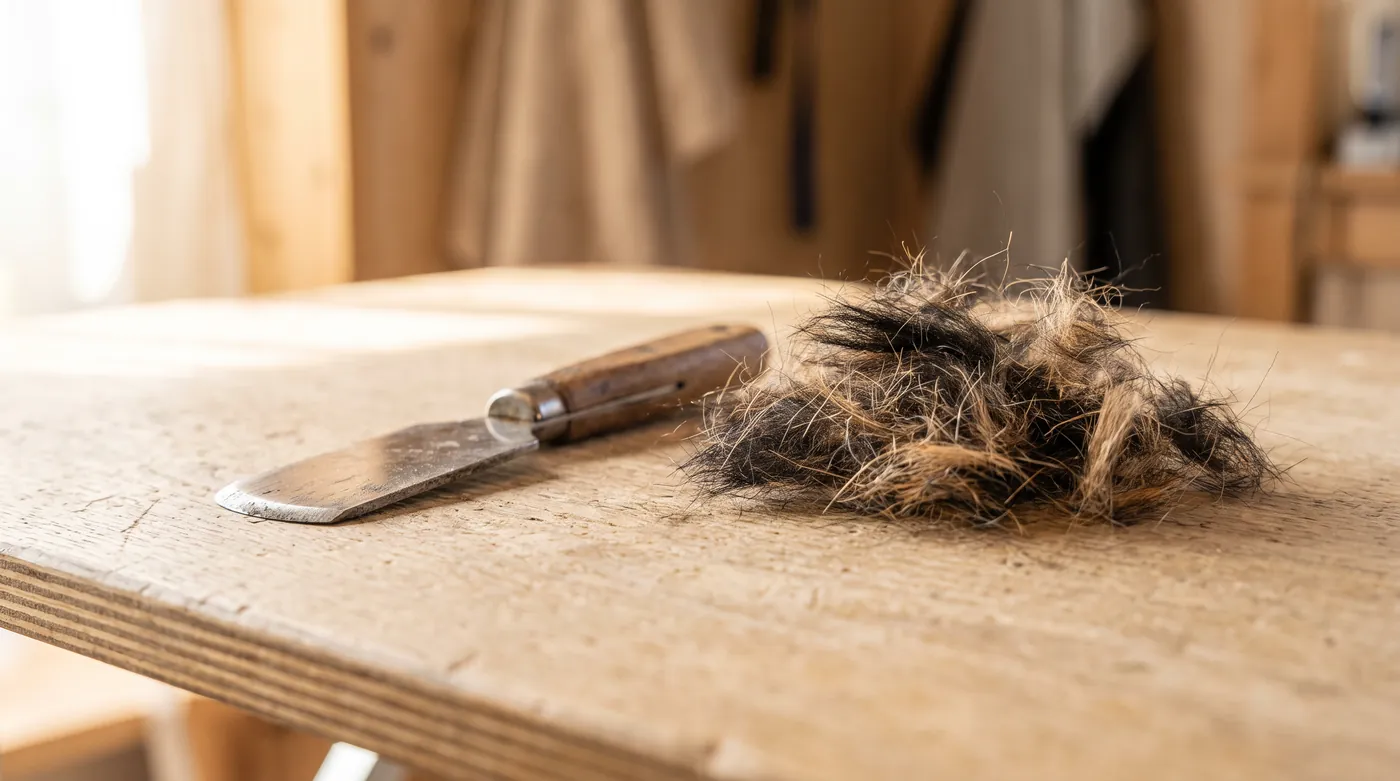 A stripping knife and pulled wire coat hair on a grooming table