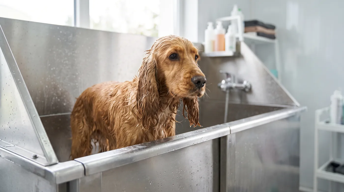 A wet dog in a grooming bath with its coat flattened against the skin