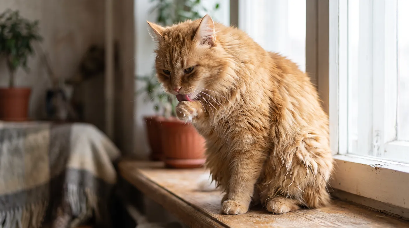 A long haired cat washing a front paw while its back coat sits tangled