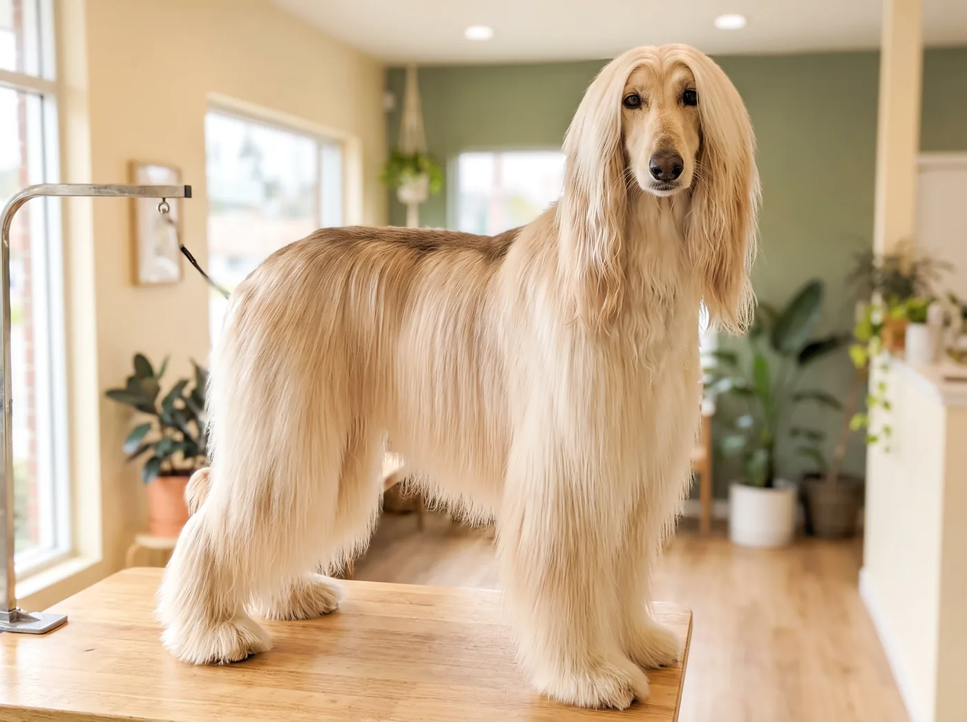 An Afghan Hound in full coat, the highest maintenance coat in dogs