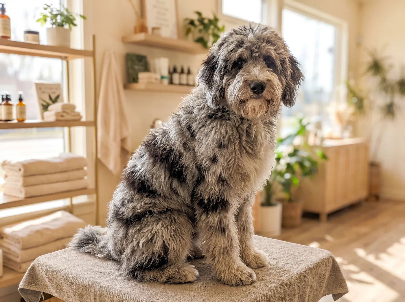 An Aussiedoodle in a full wavy fleece coat
