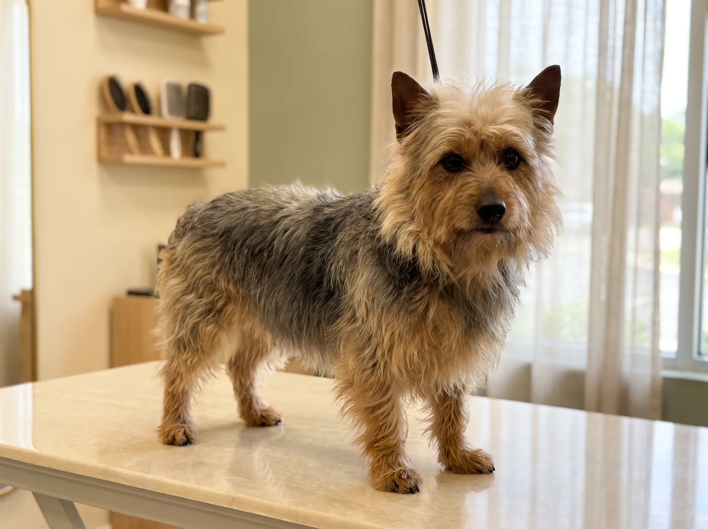 An Australian Terrier, a harsh jacket with a soft topknot above it