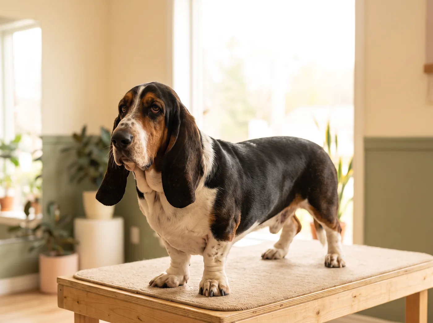 A Basset Hound, where the ears, the folds and the skin are the entire job