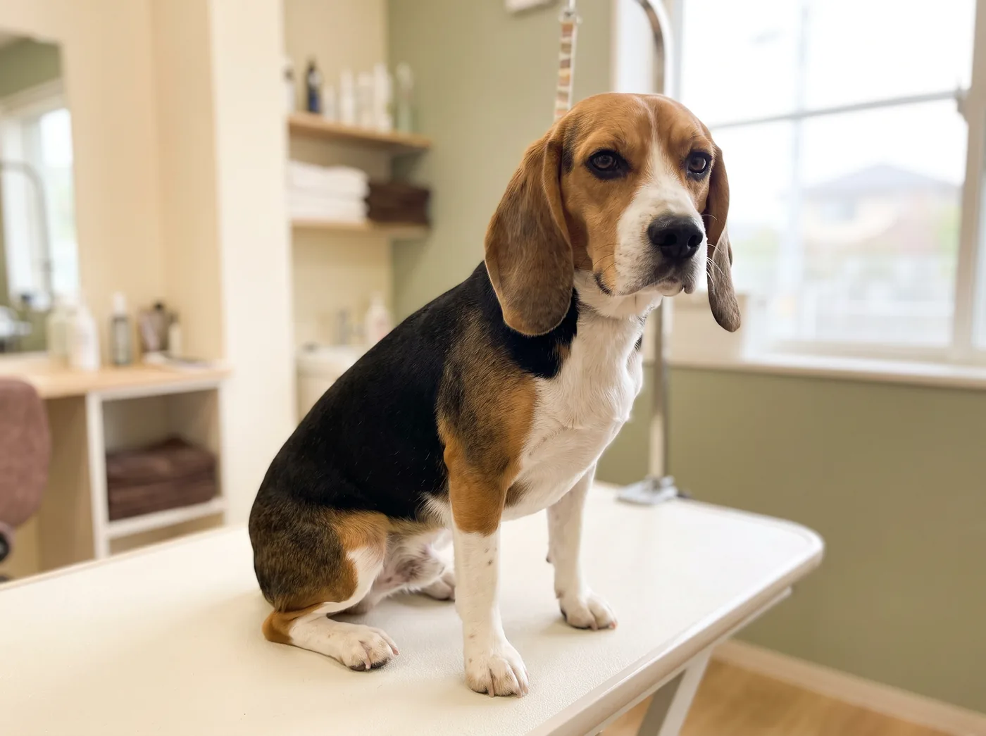 A Beagle, a short flat coat over a surprising amount of undercoat