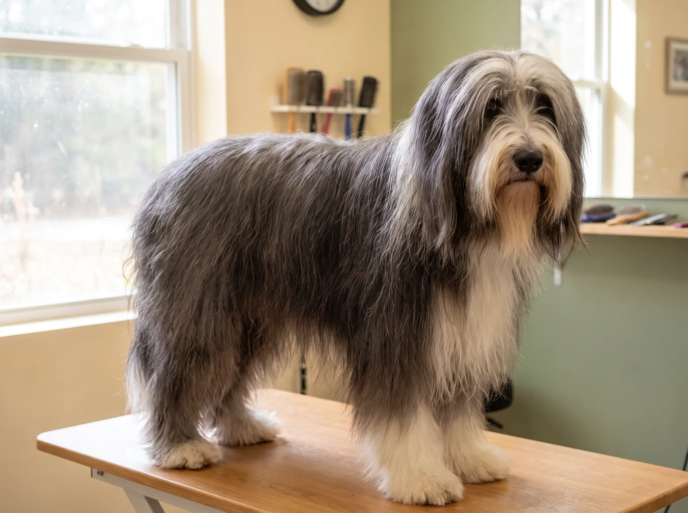 A Bearded Collie, a long flat coat over an undercoat that felts