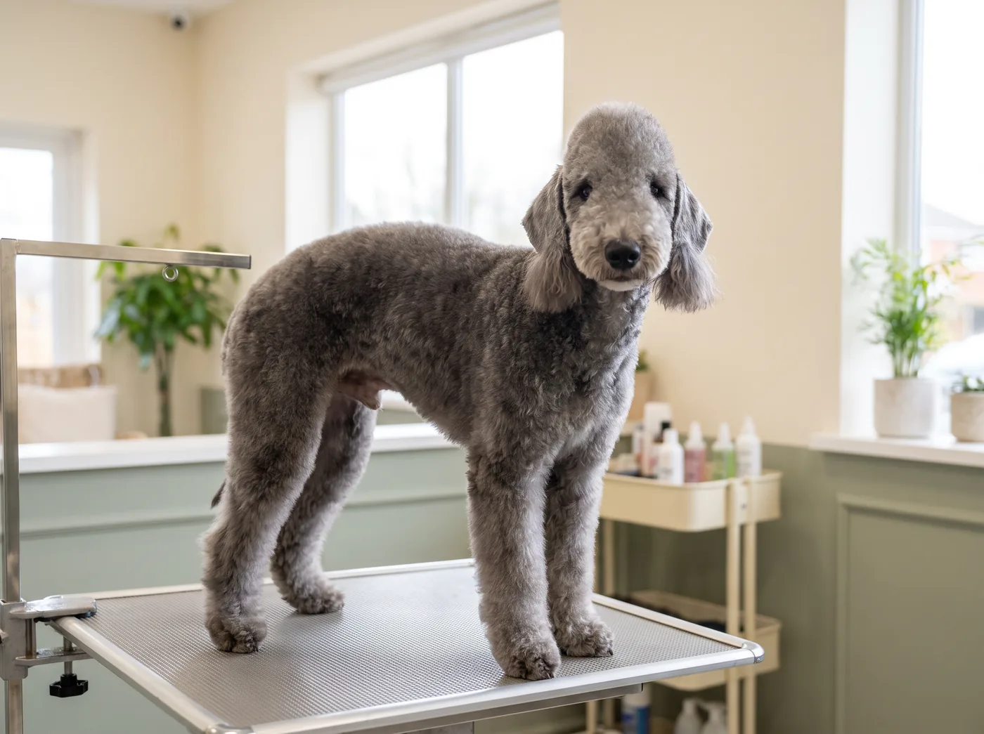 A Bedlington Terrier, the terrier with a wool coat that is clipped, never stripped