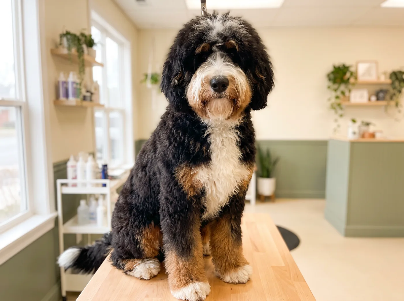 A Bernedoodle in a full fleece coat, a giant dog with a doodle coat