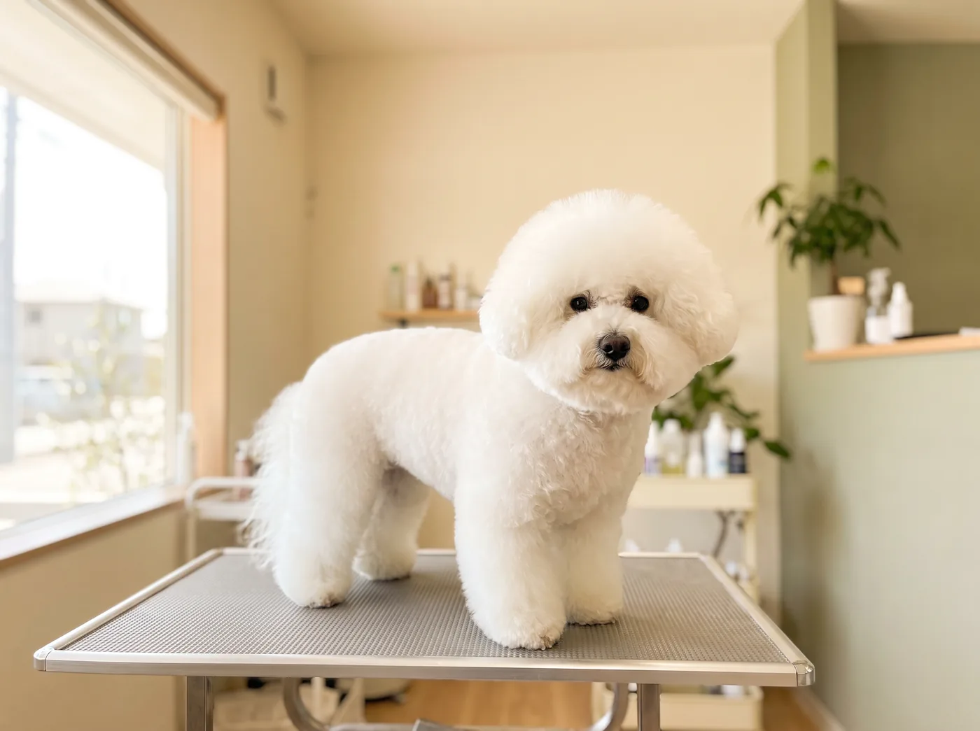 A Bichon Frise scissored into its rounded powder puff outline