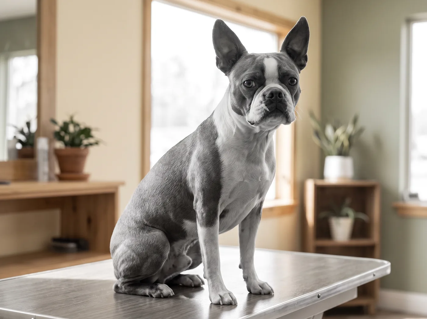 A Boston Terrier, a very short single coat and a flat face that needs watching