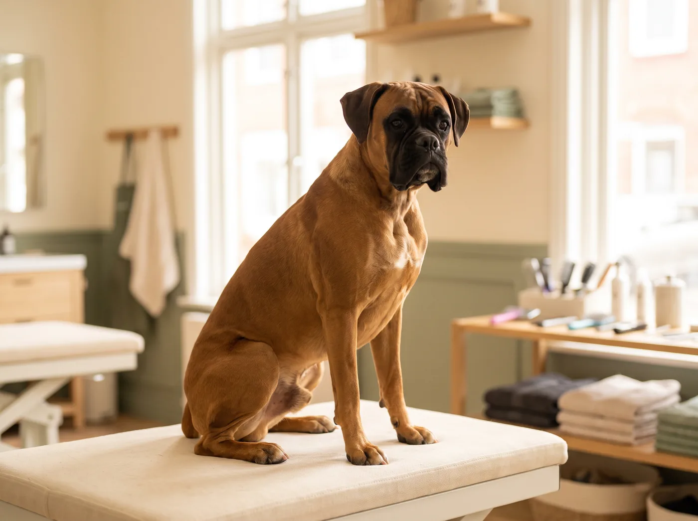 A Boxer, one of the few genuinely single coated breeds