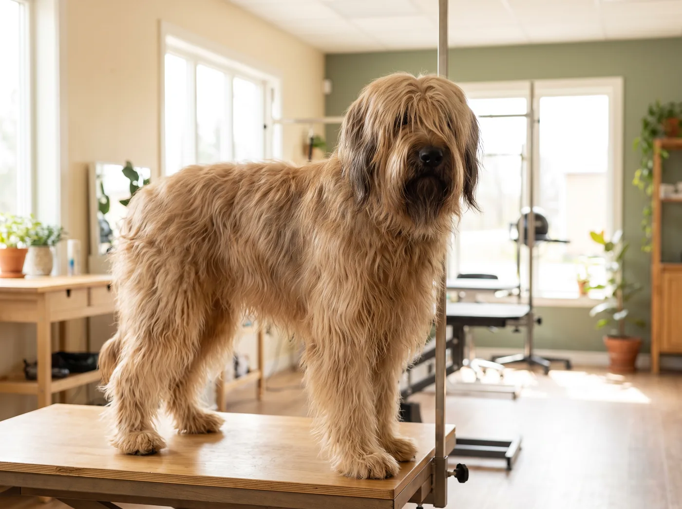 A Briard, a long goat textured coat over double dewclaws on each back leg