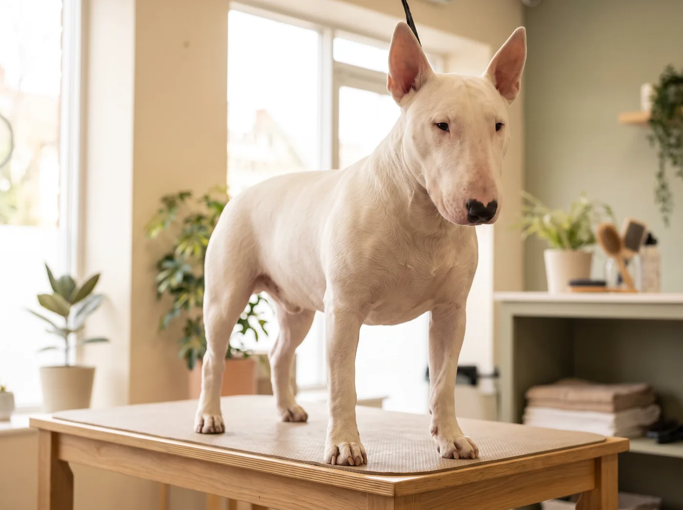 A Bull Terrier, a very short coat over skin that gives constant trouble
