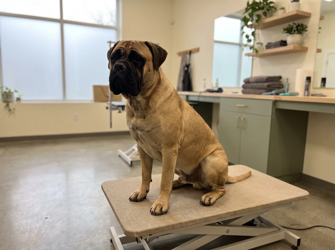 A Bullmastiff, a short coat on a hundred and twenty pounds of dog