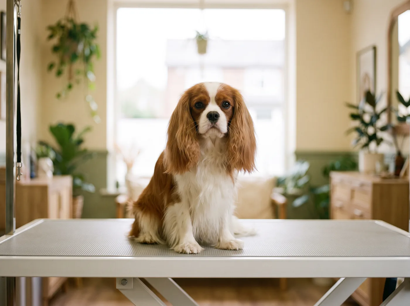 A Cavalier King Charles Spaniel, silky feathering on ears, legs and chest