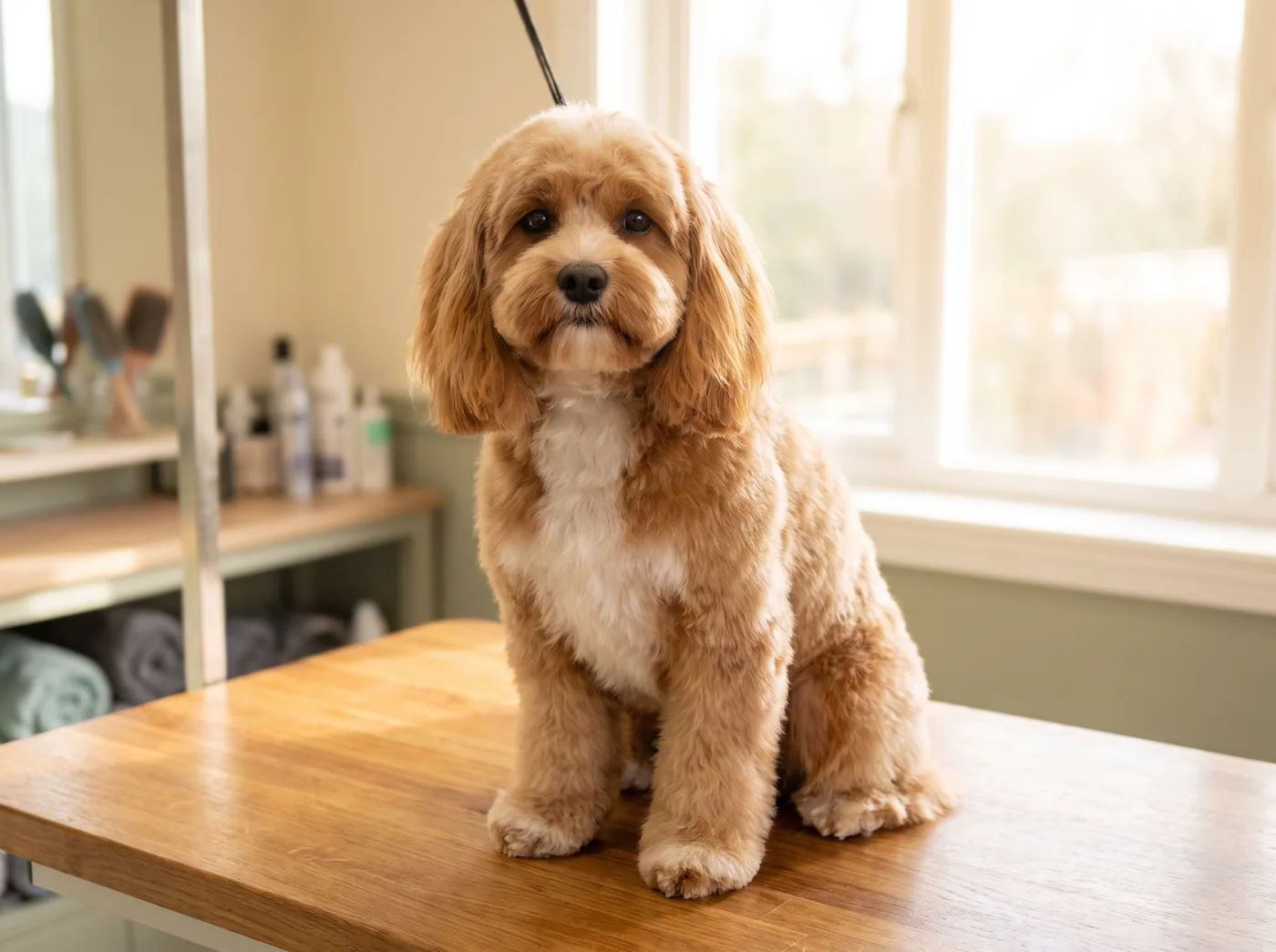 A Cavapoo in a full wavy fleece coat