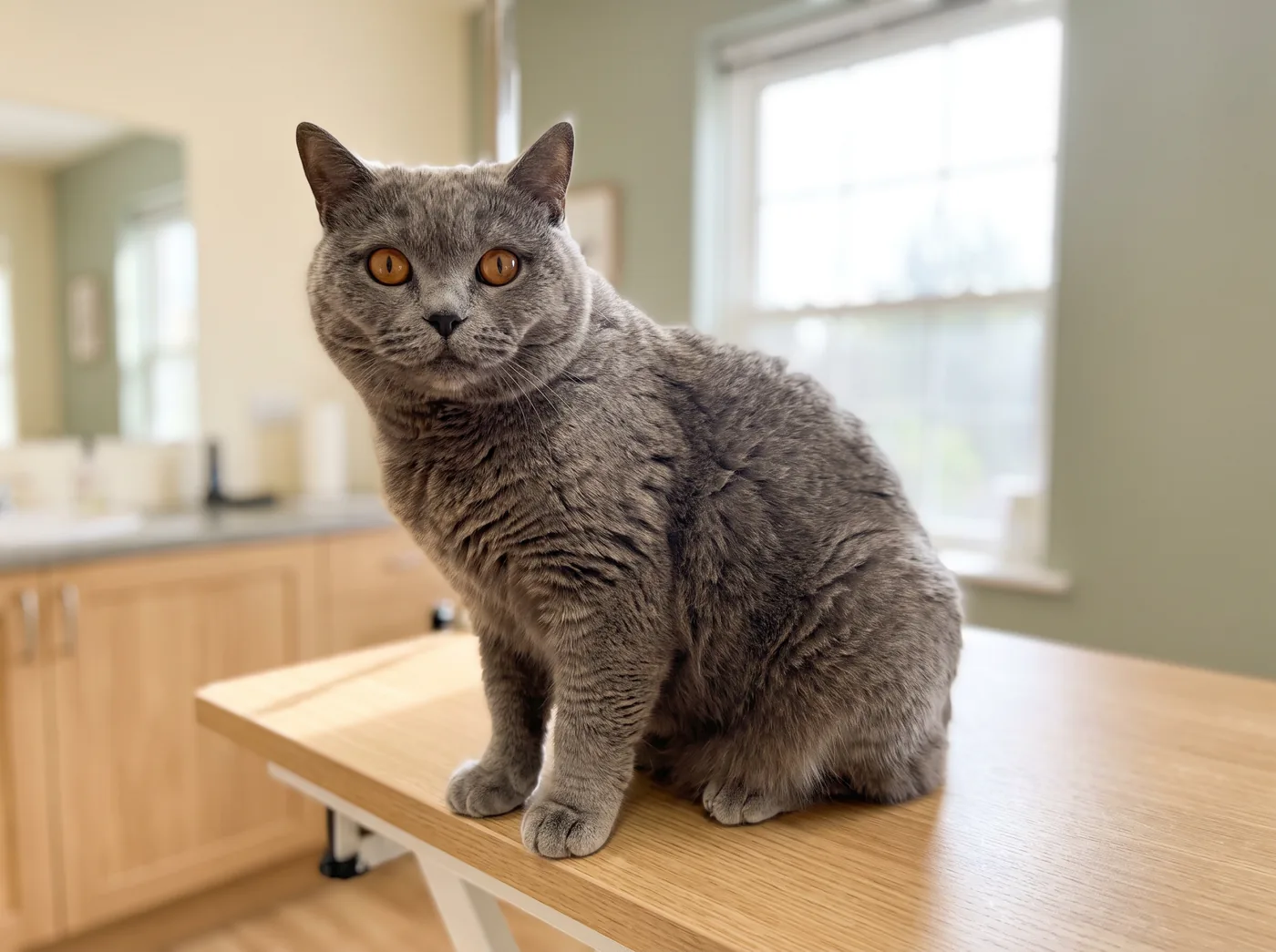 A Chartreux, a woolly blue coat that mats where a Russian Blue does not