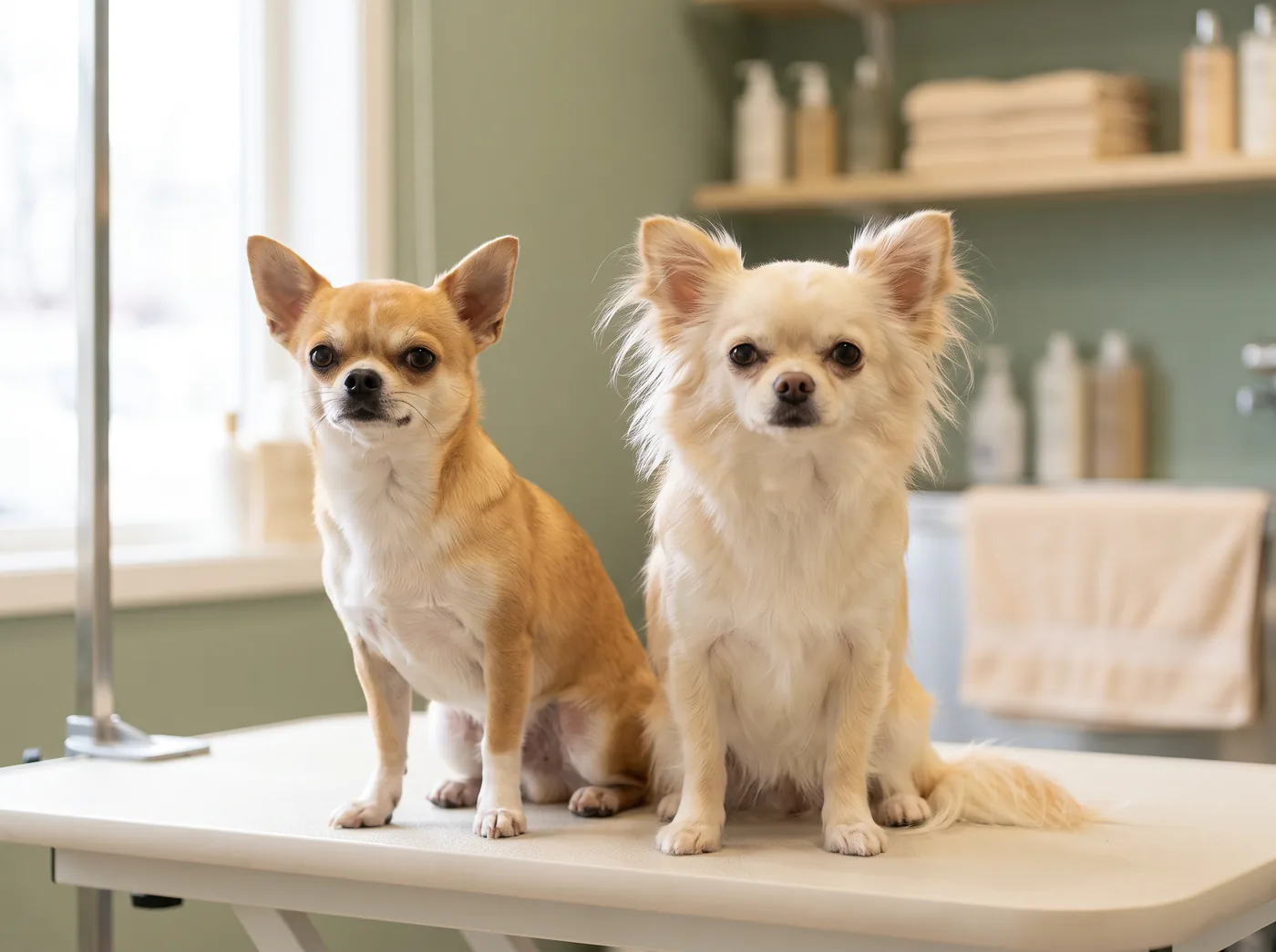 A Chihuahua in both of its coats: smooth and long