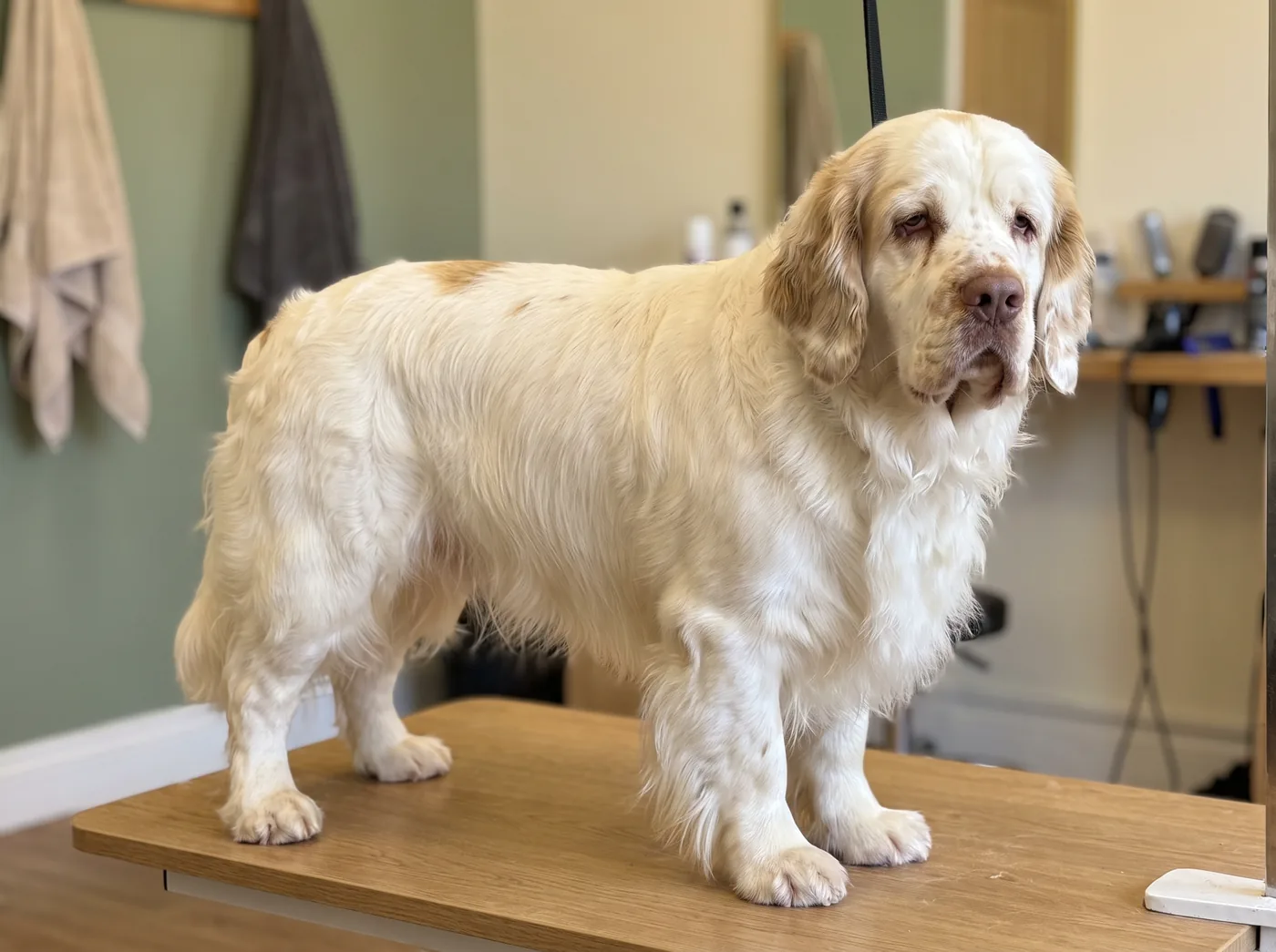 A Clumber Spaniel, the heaviest spaniel and the most feathering