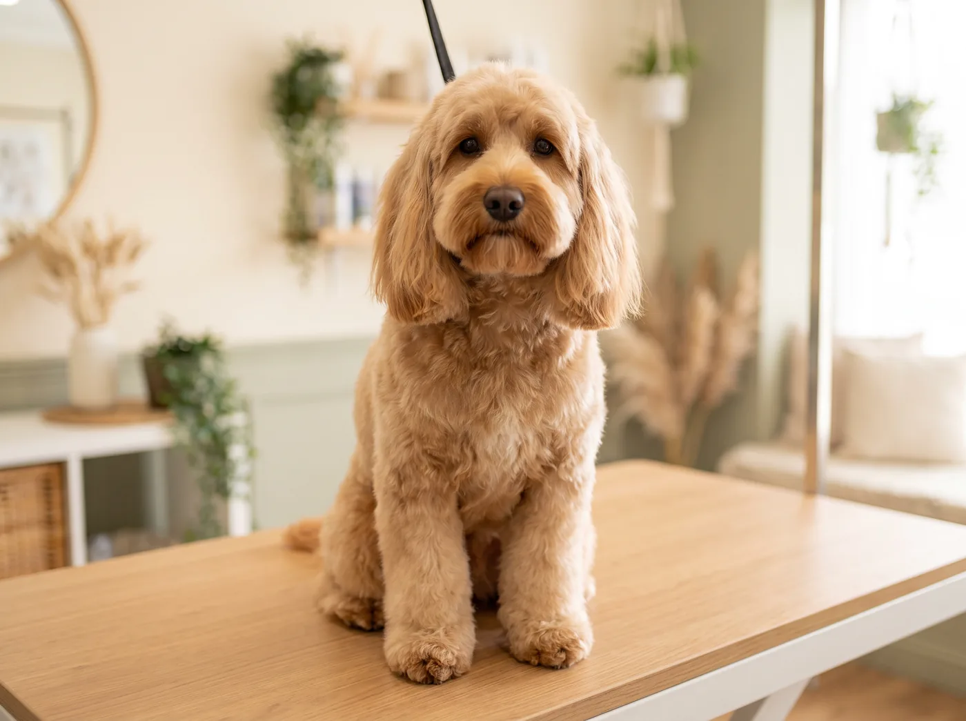 A Cockapoo in a full wavy fleece coat