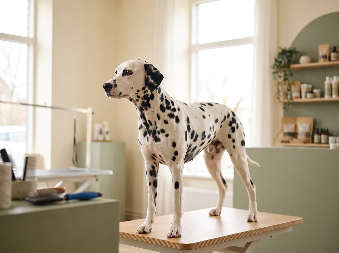 A Dalmatian, a very short coat that sheds relentlessly all year