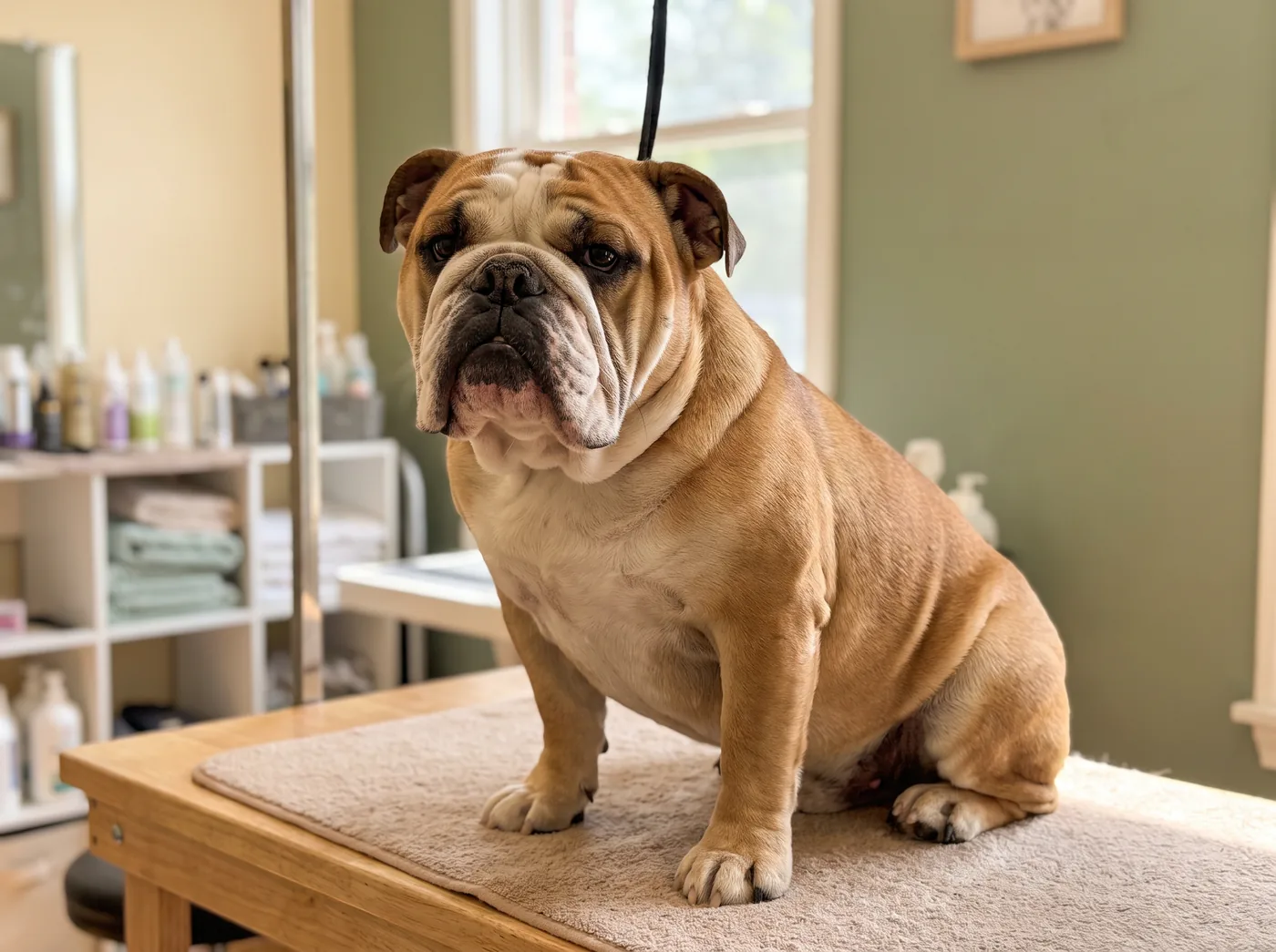An English Bulldog, where the folds are the entire grooming appointment