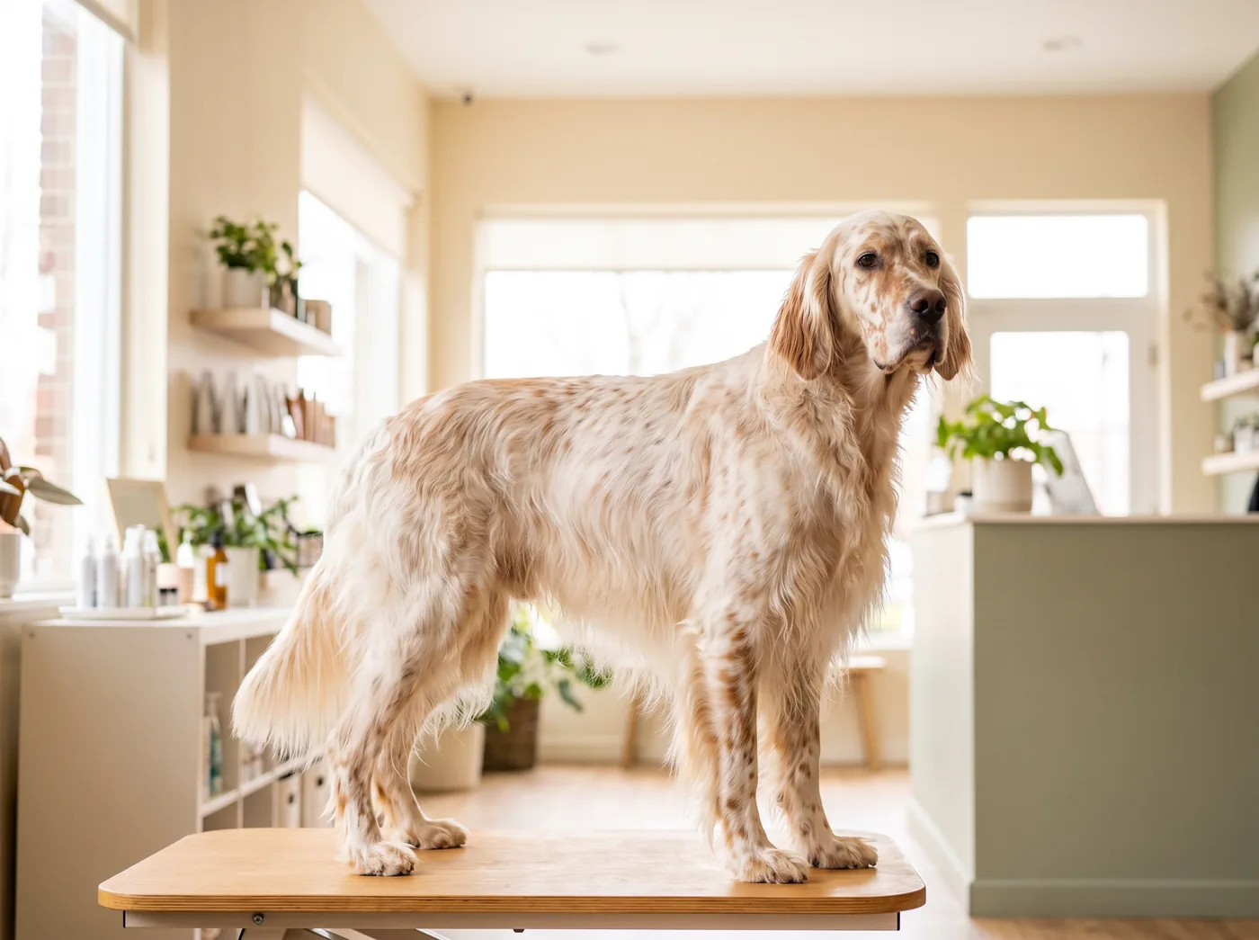 An English Setter, long silky feathering over the distinctive belton ticking