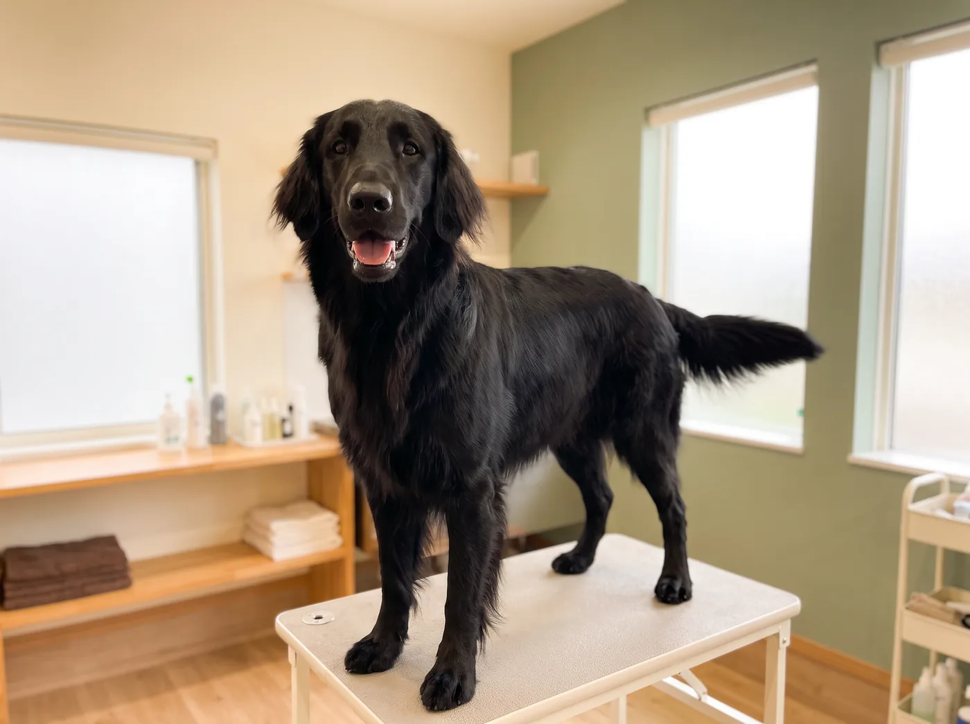 A Flat-Coated Retriever, a flat glossy coat with heavy feathering