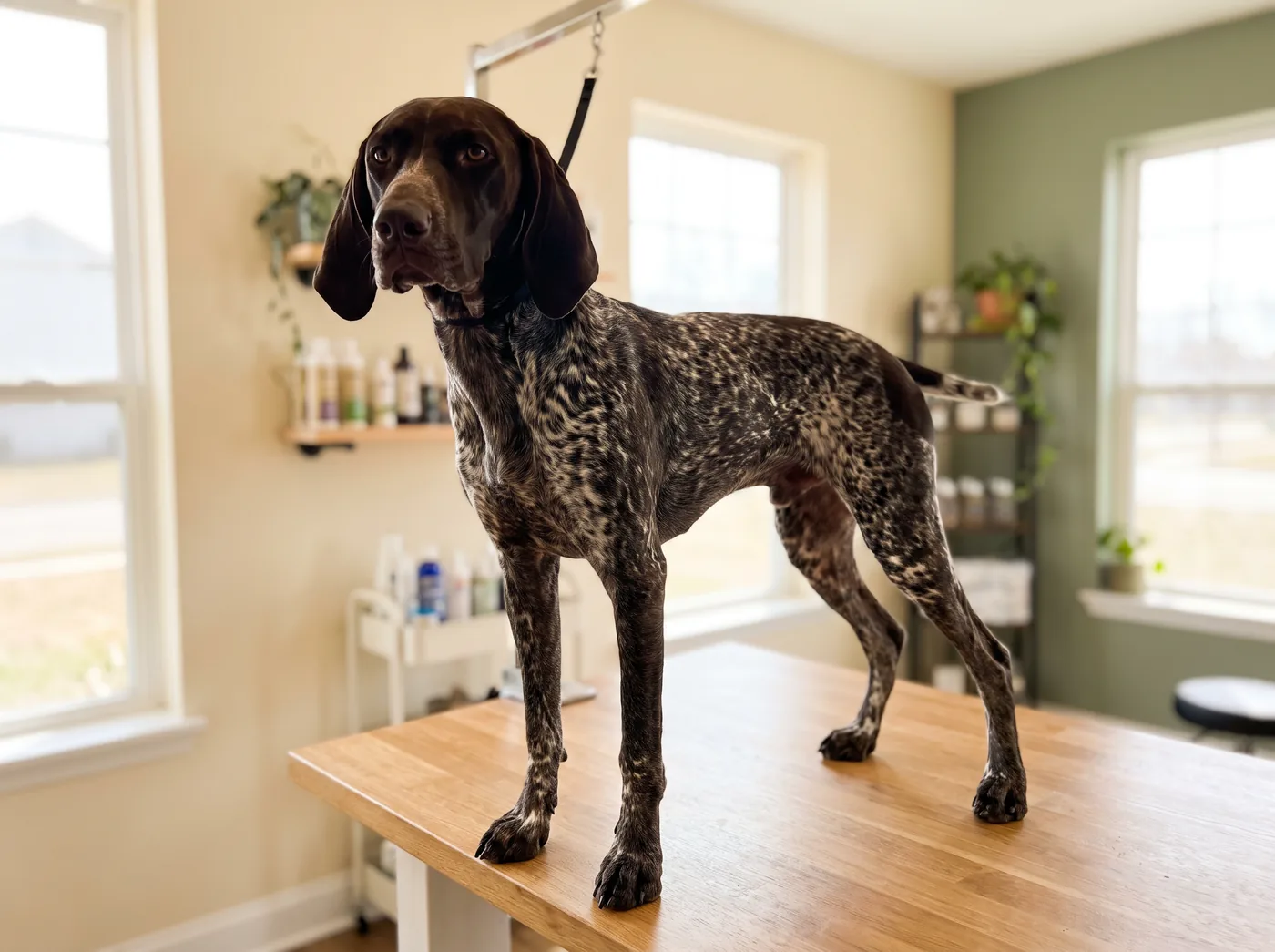 A German Shorthaired Pointer, a short harsh coat built for water