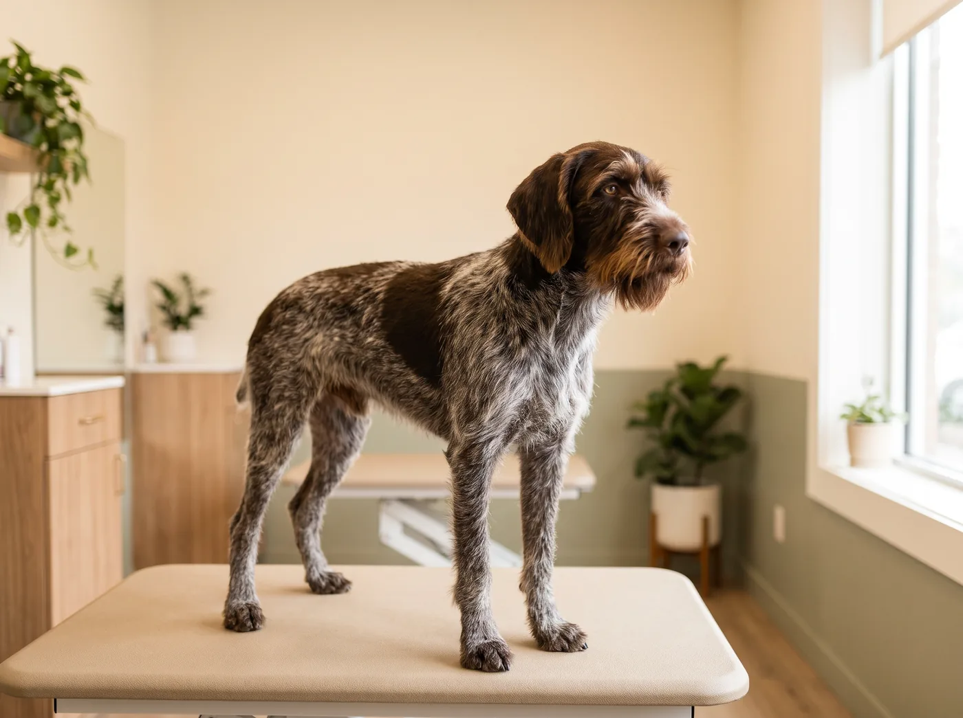 A German Wirehaired Pointer, a harsh weatherproof jacket with a full beard