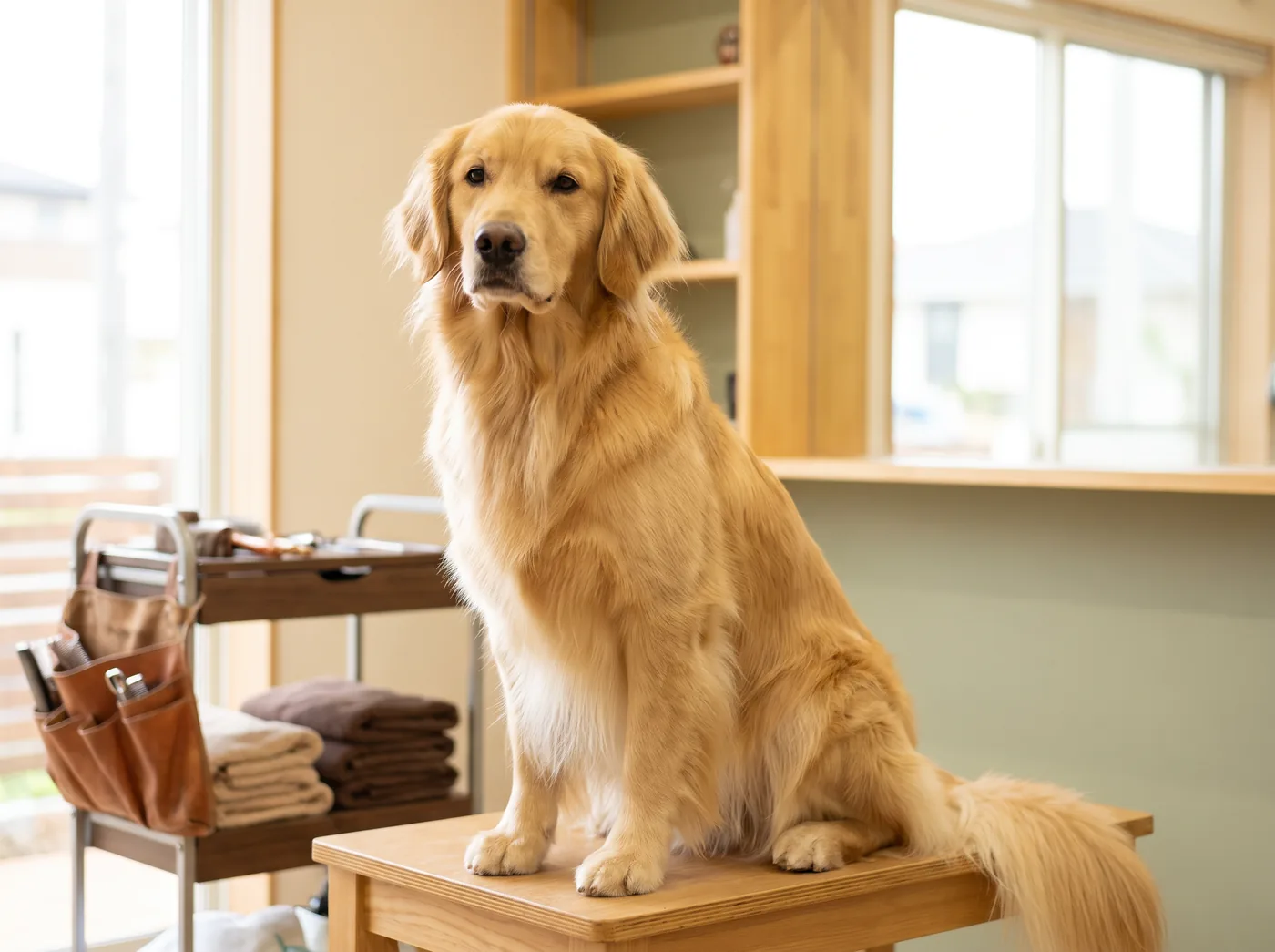 A Golden Retriever showing the feathering and dense double coat