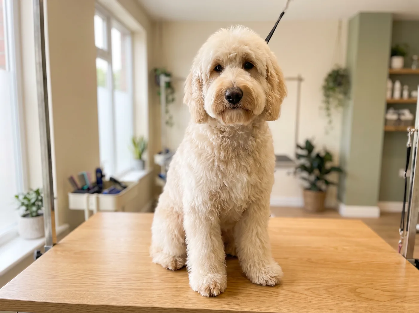 A Goldendoodle in a full fleece coat, freshly brushed out