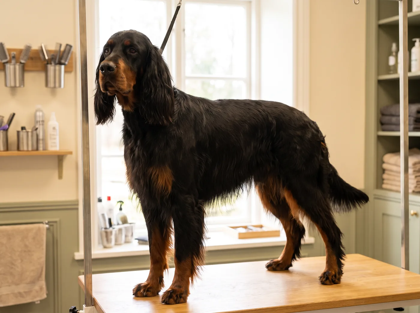 A Gordon Setter, the heaviest setter under the most feathering