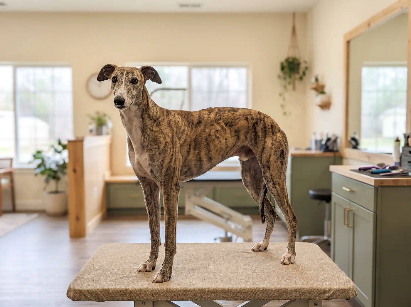 A Greyhound, almost no coat over a very lean athletic frame
