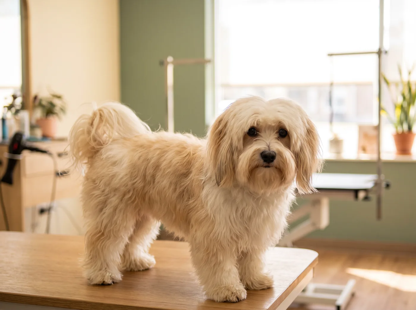 A Havanese, a long soft wavy coat that mats quietly