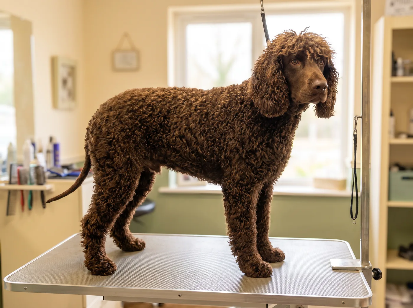 An Irish Water Spaniel, ringlets everywhere except a smooth rat tail