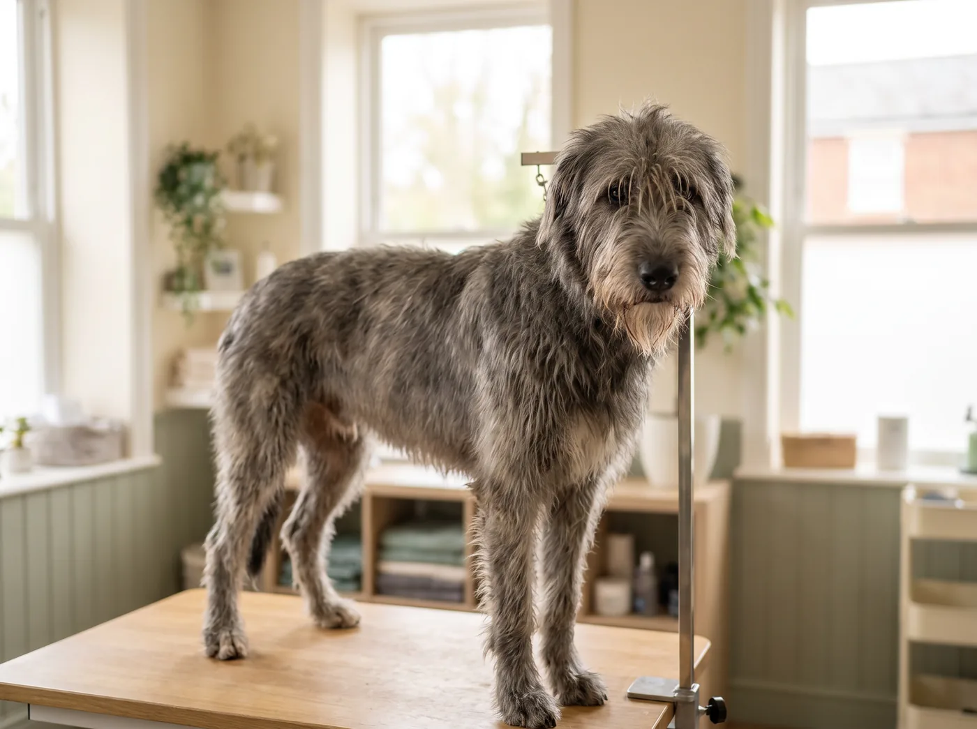 An Irish Wolfhound, a harsh coat that is raked and stripped, never clipped