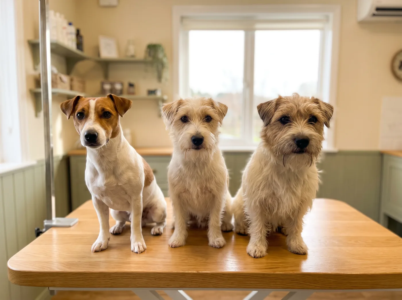 A Jack Russell Terrier in all three of its coats: smooth, broken and rough