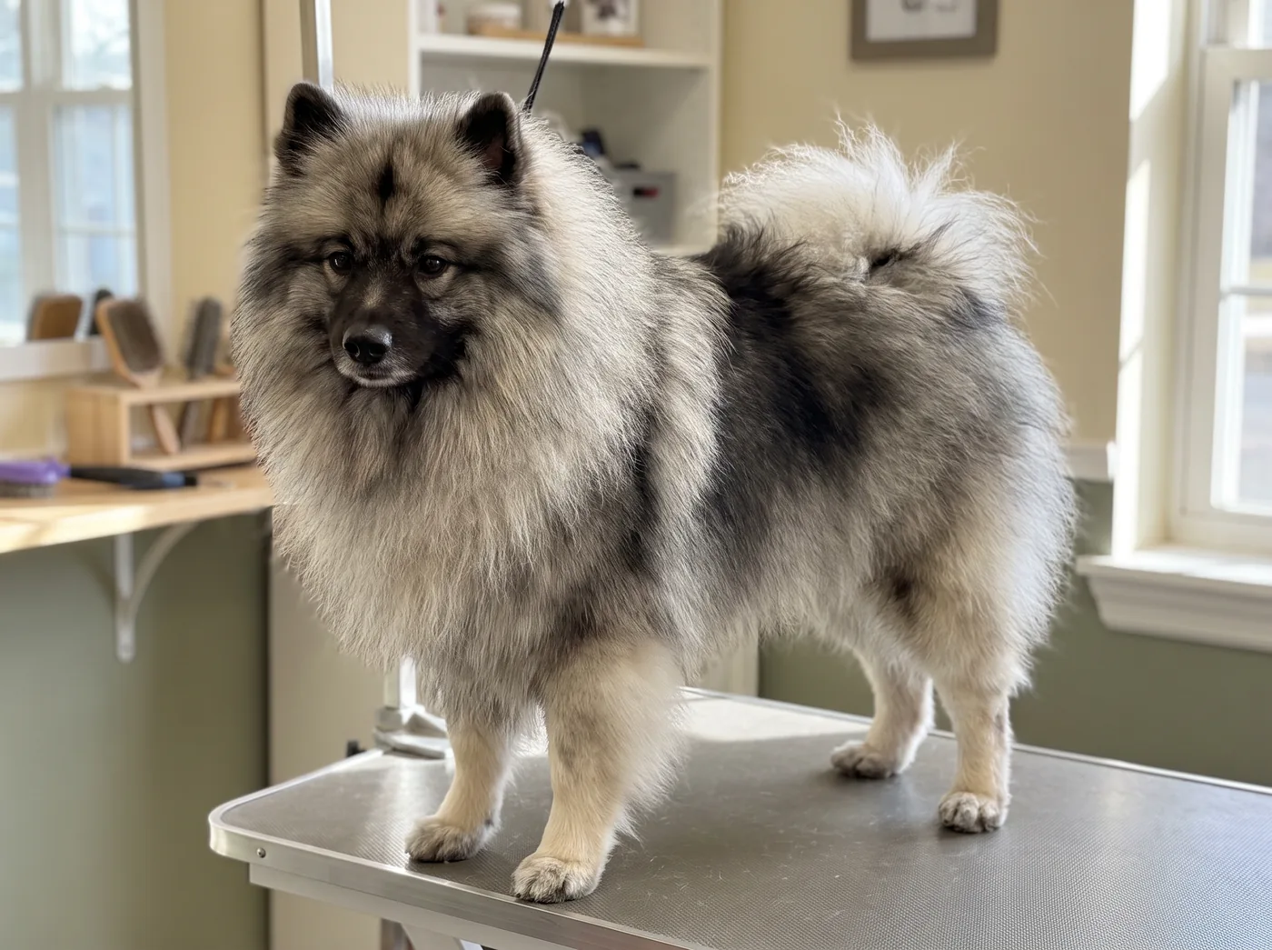 A Keeshond, a huge standing coat and the distinctive spectacle markings