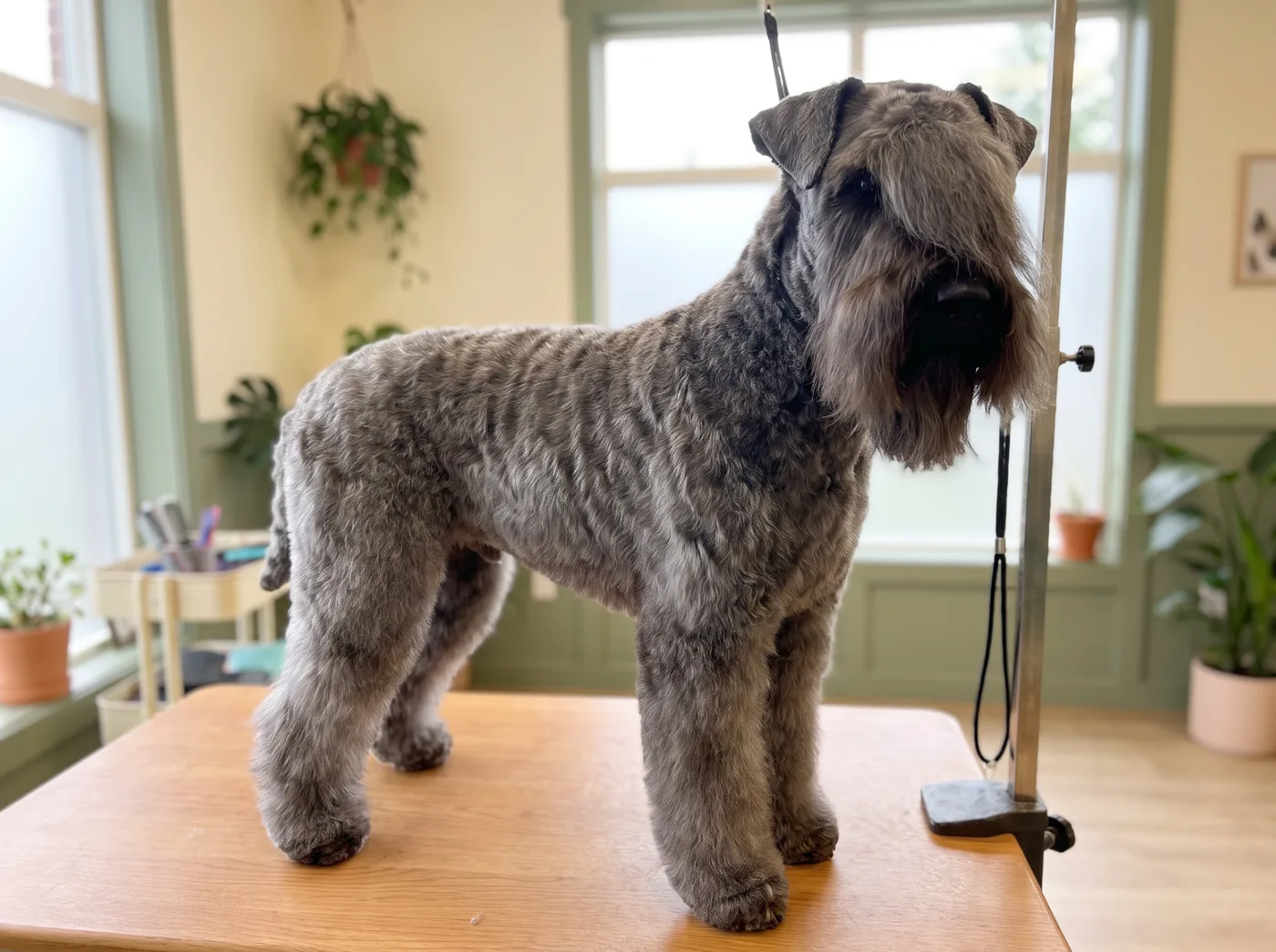 A Kerry Blue Terrier, a soft coat that is scissored rather than stripped