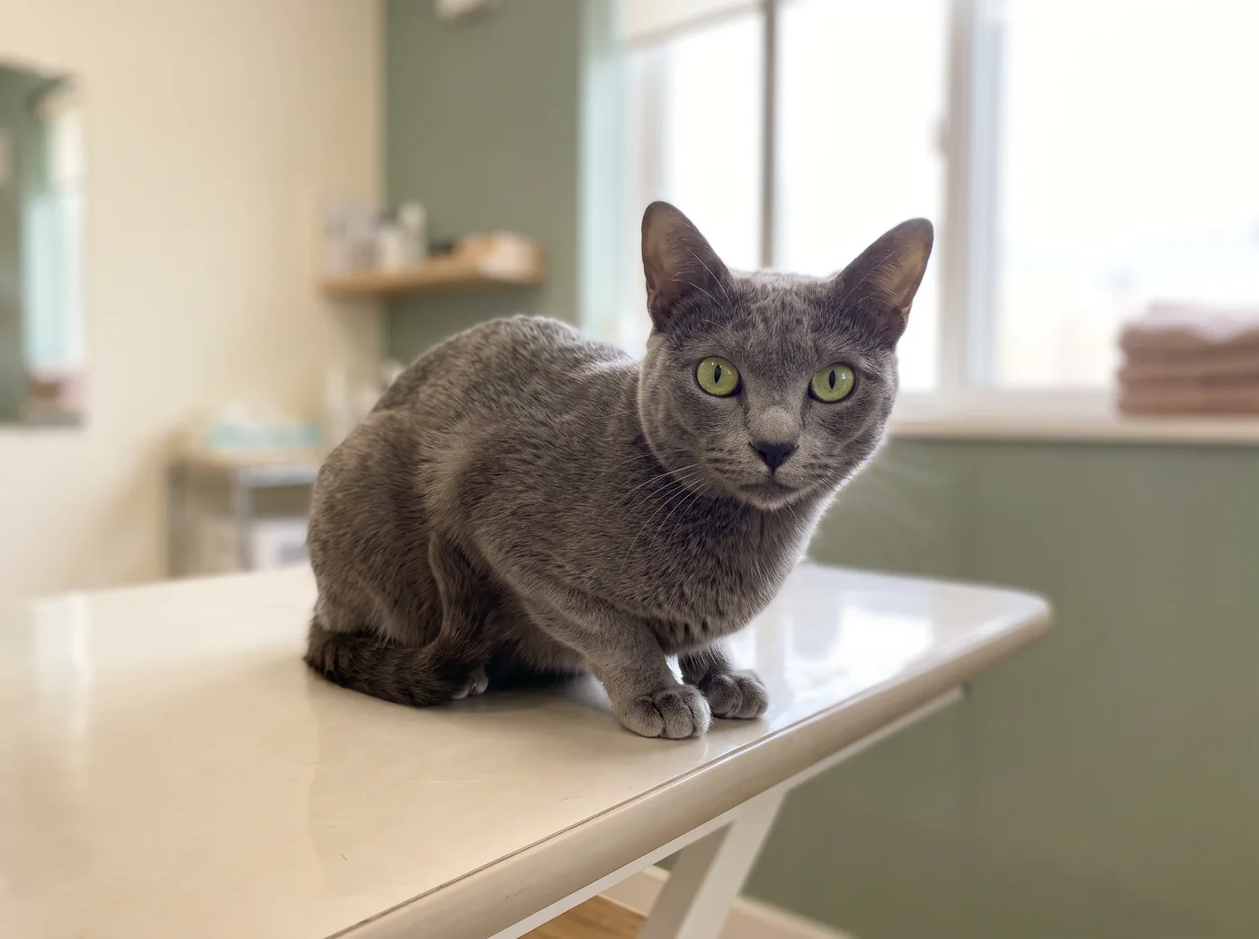A Korat, a single silver blue coat with no undercoat at all