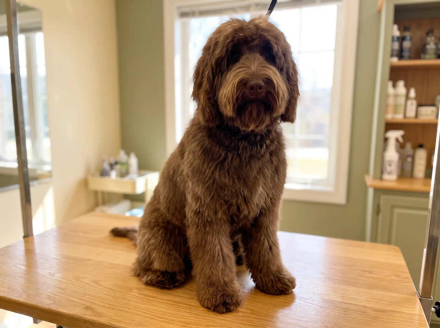 A Labradoodle in a full fleece coat
