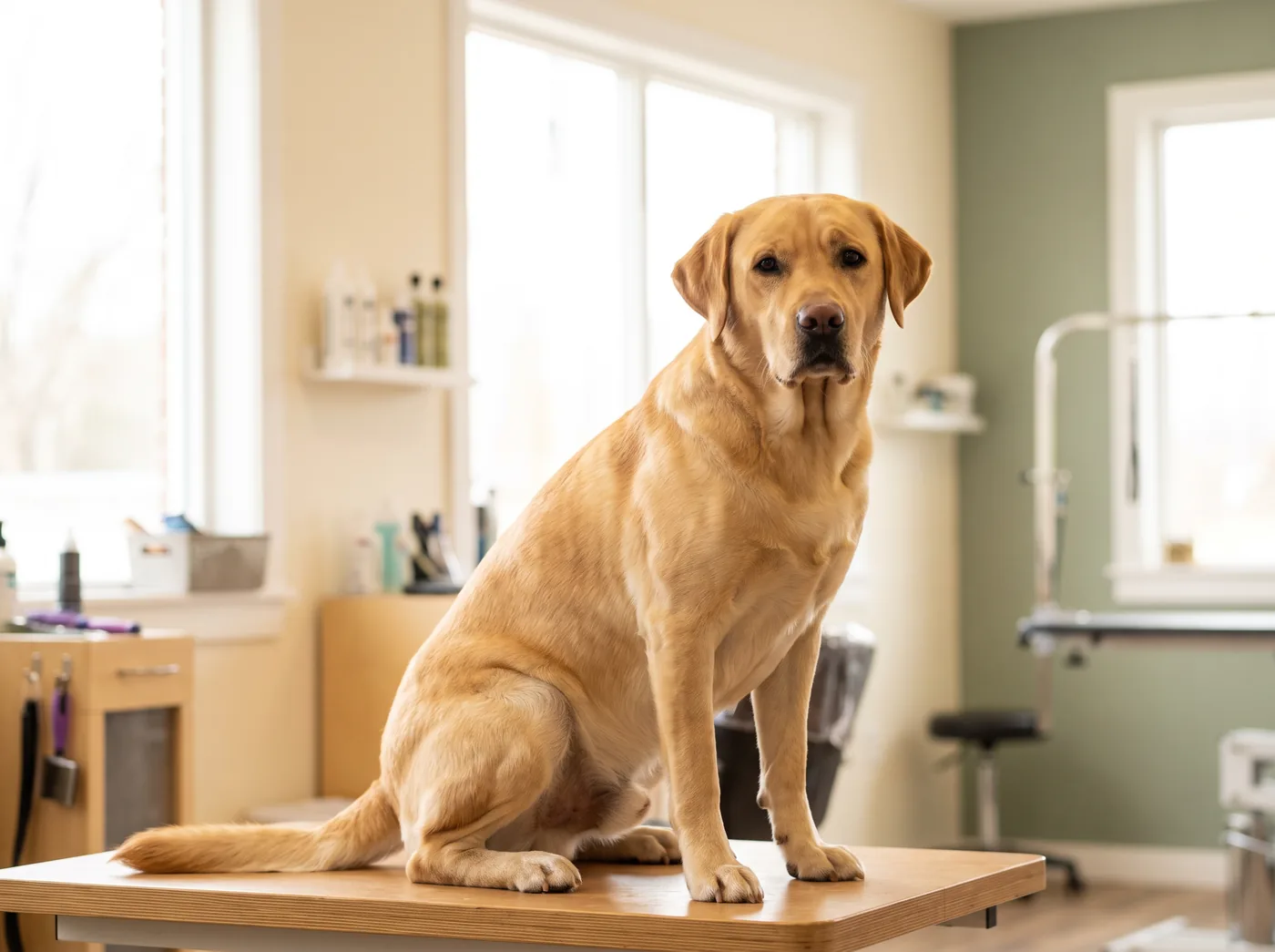 A Labrador Retriever, a short coat over a full undercoat