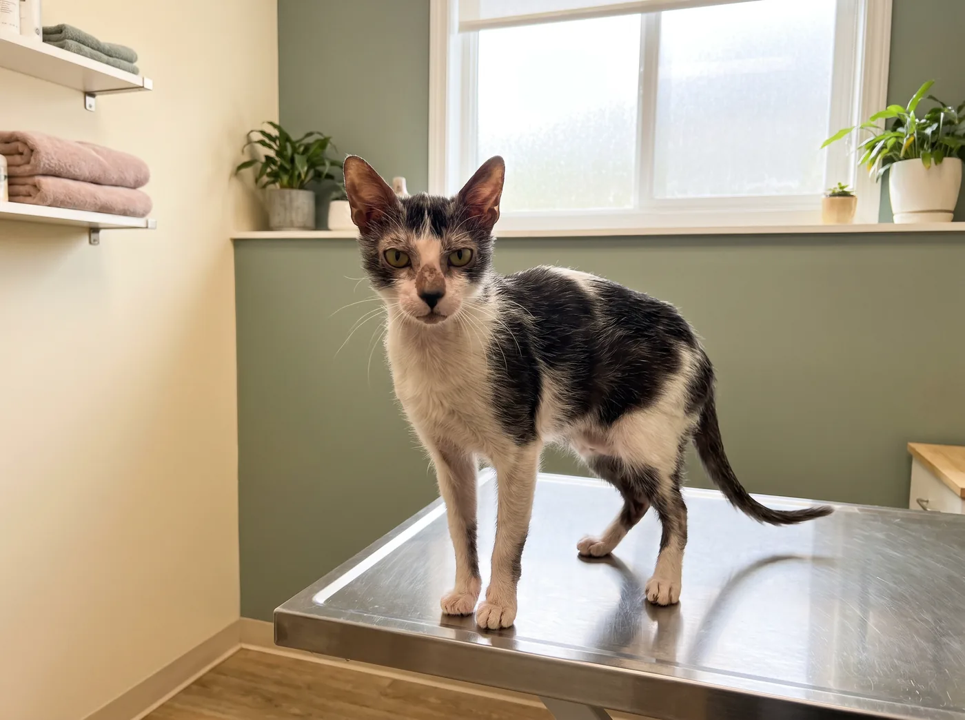 A Lykoi, a partly bare roan coat that looks like disease and is not